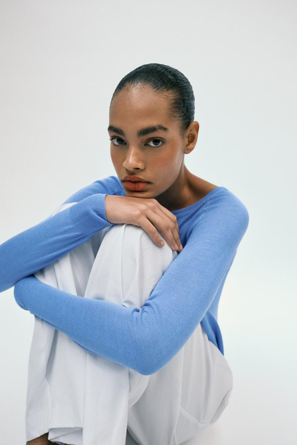 ZARA БАЗОВЫЙ СВИТЕР ИЗ ТОНКОГО ТРИКОТАЖА, СИНИЙ МЕЛАНЖ