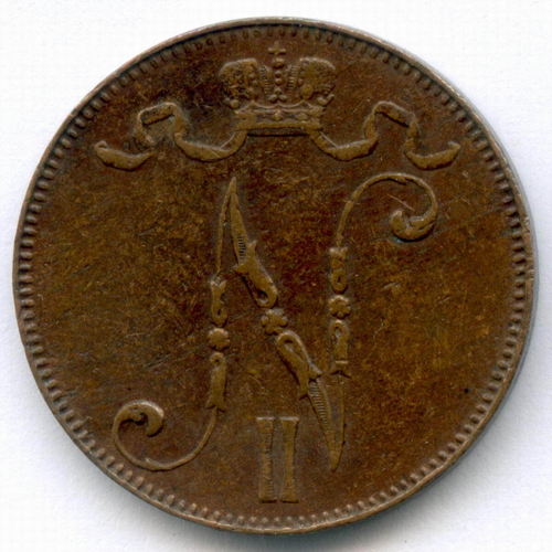 5 пенни 1907 год. Россия для Финляндии (Вензель Николая II). F-VF