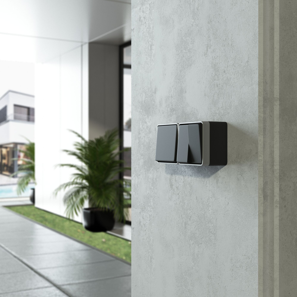 Выключатель двухклавишный влагозащищенный Gallant черный с серебром W5020234 W5020234