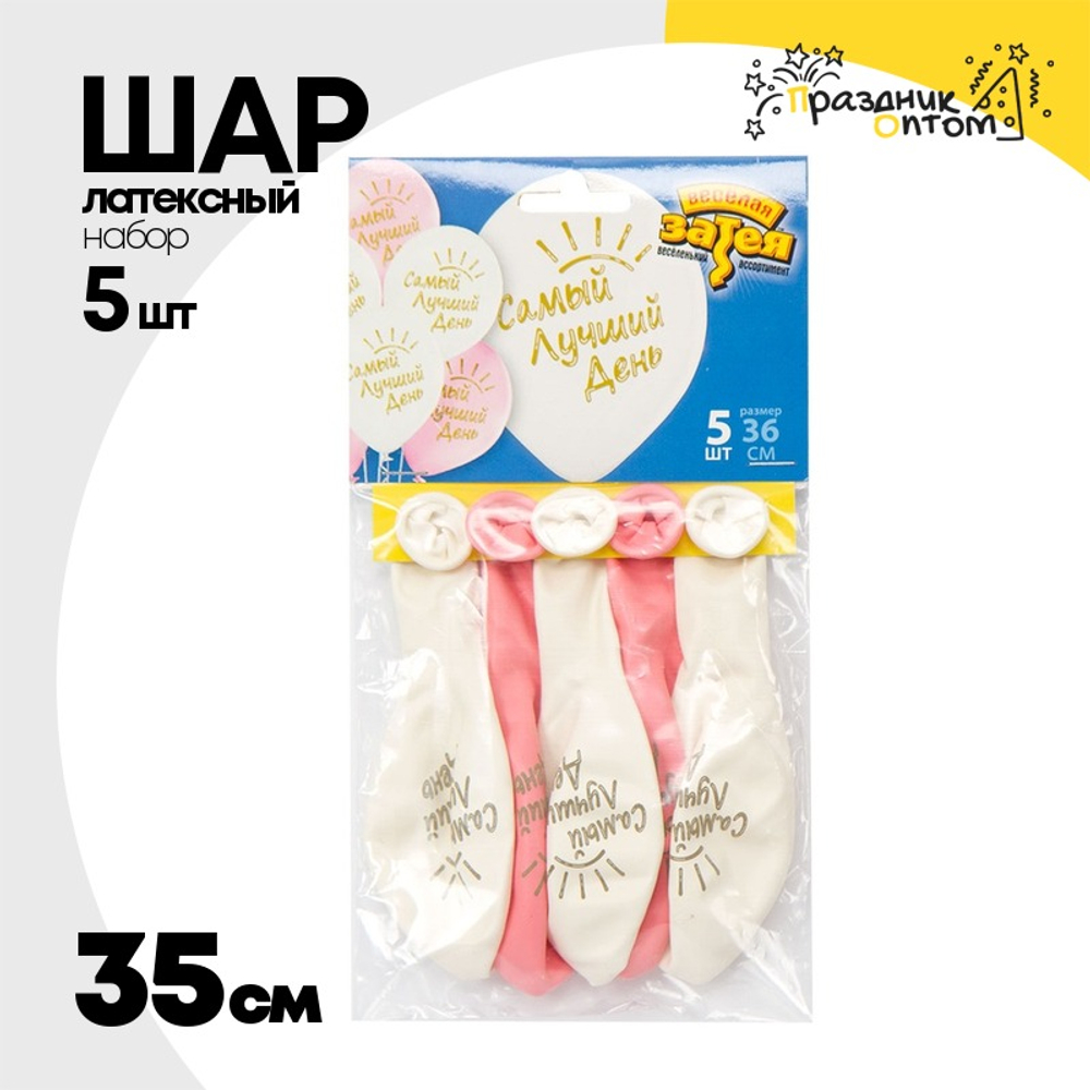Шар латексный 35см Набор 5шт Самый Лучший День (Белый, Розовый)