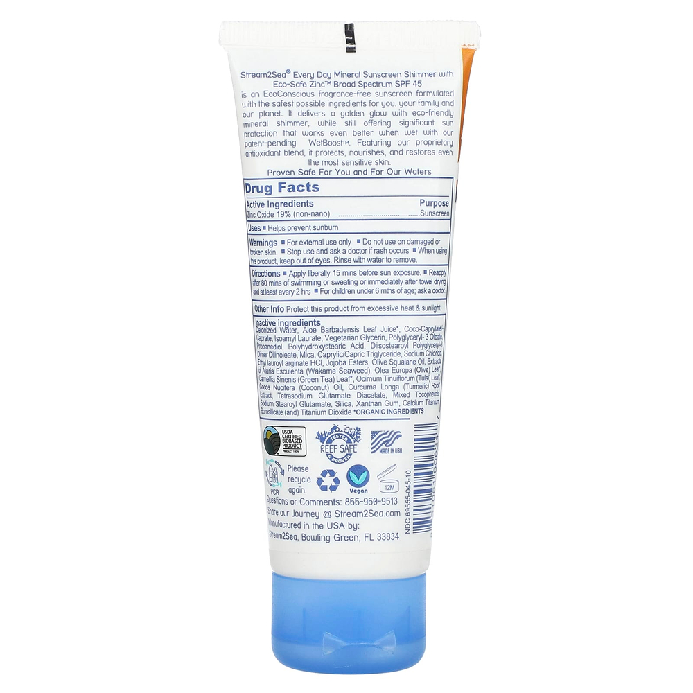 Stream2Sea, Ежедневное минеральное солнцезащитное средство с шиммером, SPF 45, 75 мл (2,5 жидк. унц.)