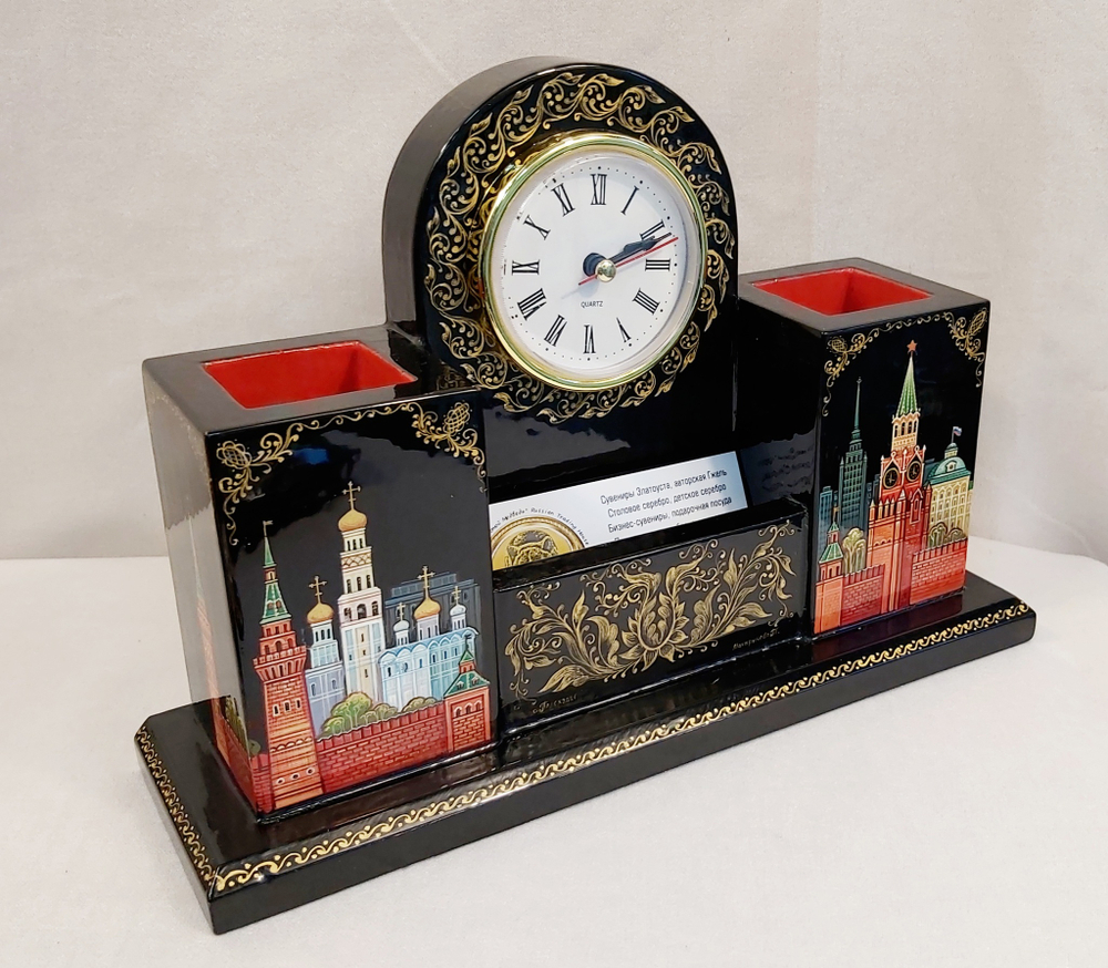 Настольный набор с часами с ручной росписью Палех "Москва " №2