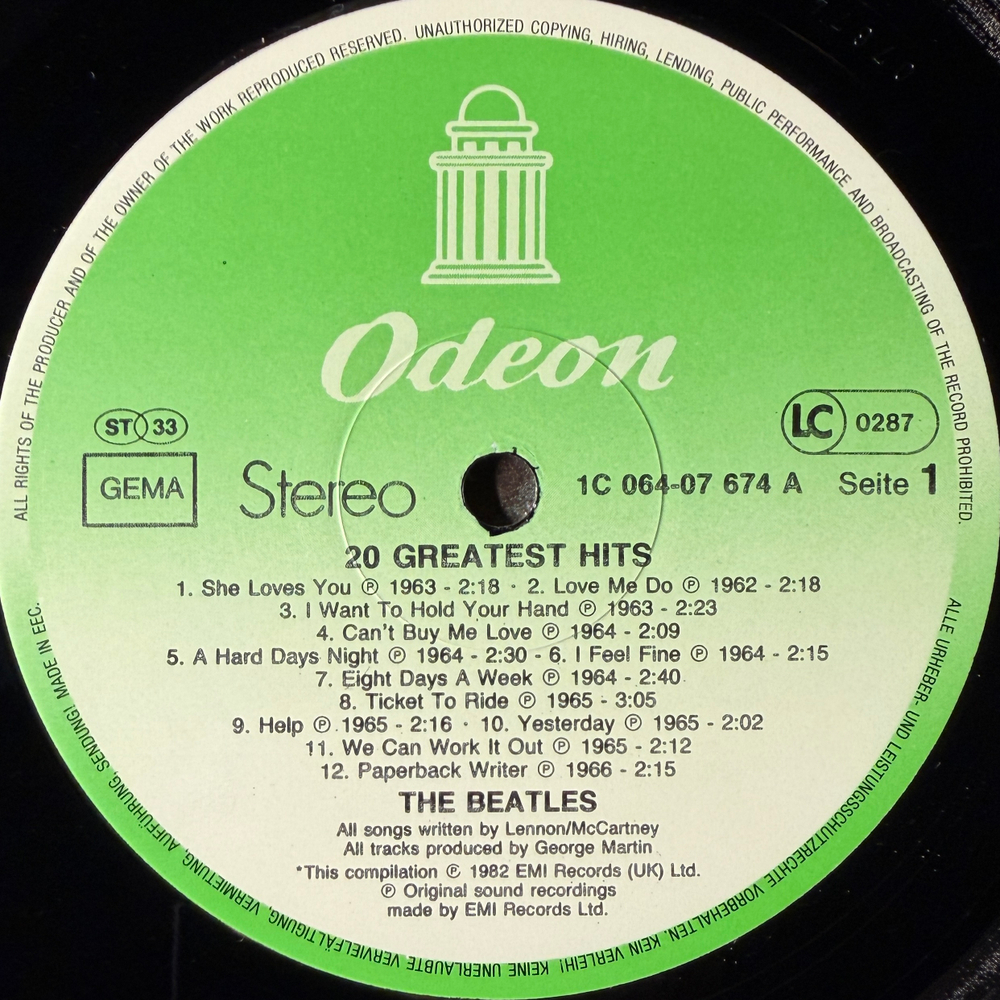 The Beatles ‎– 20 Greatest Hits (Германия 1982г.)