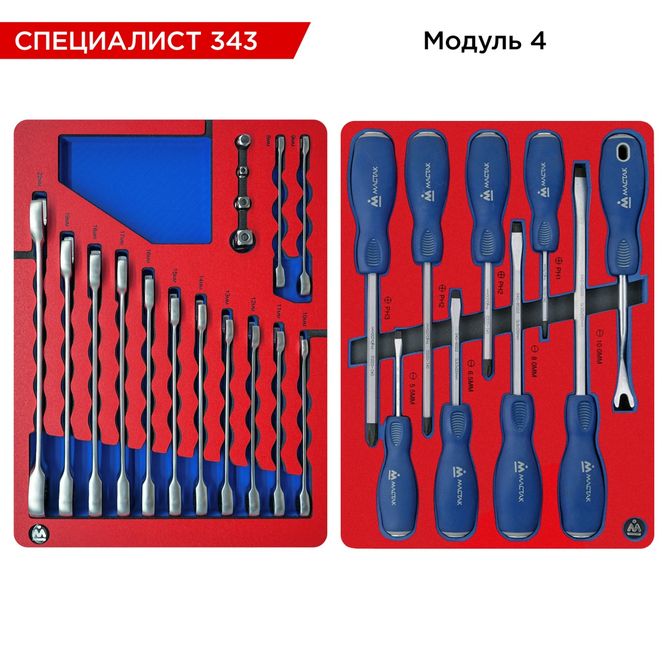 МАСТАК (50-07343R) Набор инструментов 343 предмета, "СПЕЦИАЛИСТ 343", в красной тележке