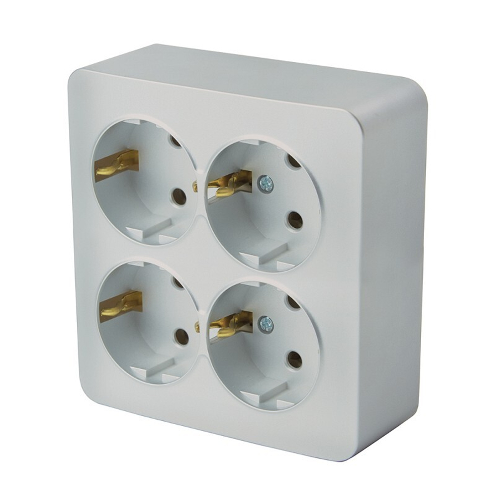 Розетка 4-местная с/з открытой установки. квадрат. 250В. 16А. IP20. серия София. серебро. MST16-14S-03
