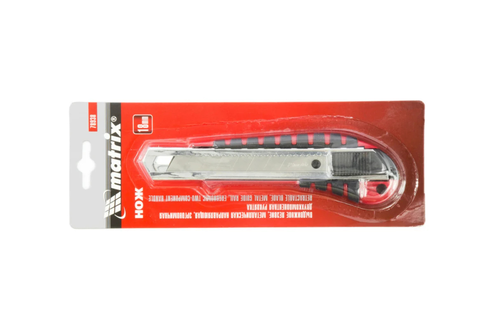 Нож,18 мм, выдвижное лезвие металл. направляющая эргоном. двухкомпонент. рукоятка// Matrix (Матрикс)