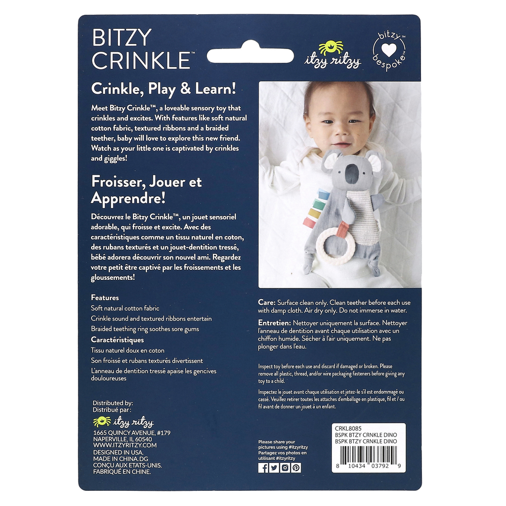 itzy ritzy, Bitzy Crinkle, Сенсорная игрушка для прорезывания зубов, для детей от 0 месяцев, Dino, 1 шт.