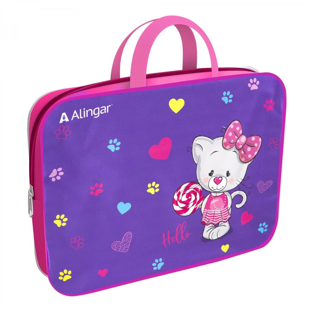 Папка с ручками 1 отделение, А4 260х340х80 мм, Alingar, ПВХ, ручки тесьма, дизайн с одной стороны, молния сверху, внутр. карман, "Нежный котенок"