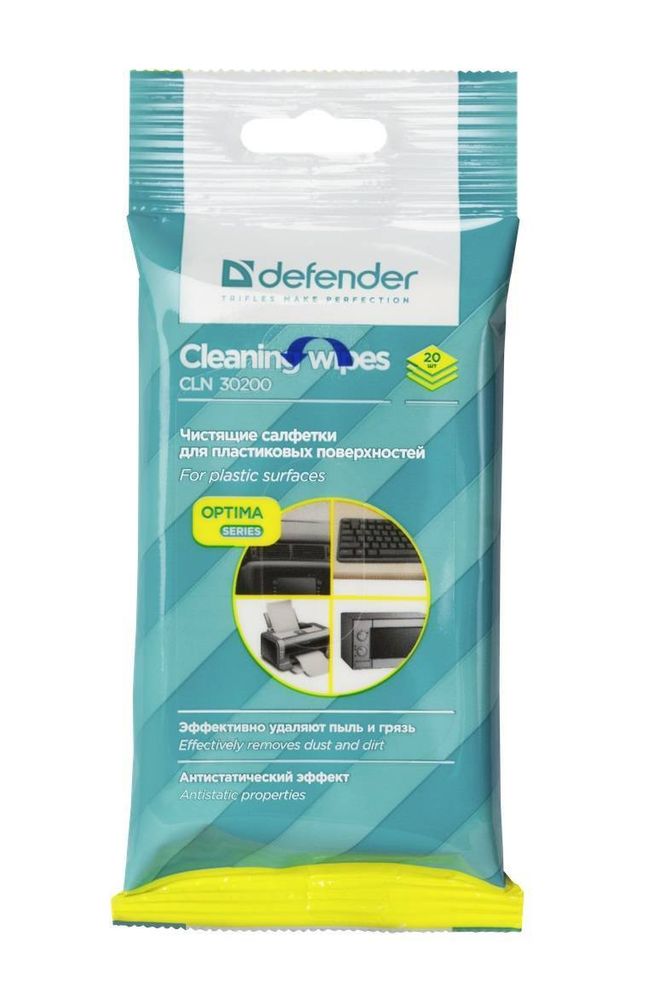 Чистящие салфетки Defender CLN 30200 Optima для поверхностей / мягкая упаковка с подвесом / 20 шт / Россия.
