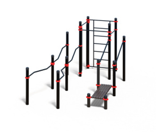 УЛИЧНЫЙ КОМПЛЕКС ДЛЯ ПАРАВОРКАУТА СО ШВЕДСКОЙ СТЕНКОЙ, БРУСЬЯМИ, СКАМЕЙКОЙ, ОПОРНЫЙ СТОЛБ 89ММ