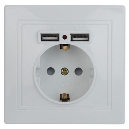 Розетка Intro Plano 1-410-01 с заземлением 2P+E Schuko со шторками 16А-250В + 2хUSB 5В-2 1А IP20 СУ белый