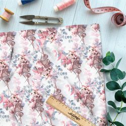 Ткань кулирная гладь цветущие ветви вишни на белом фоне