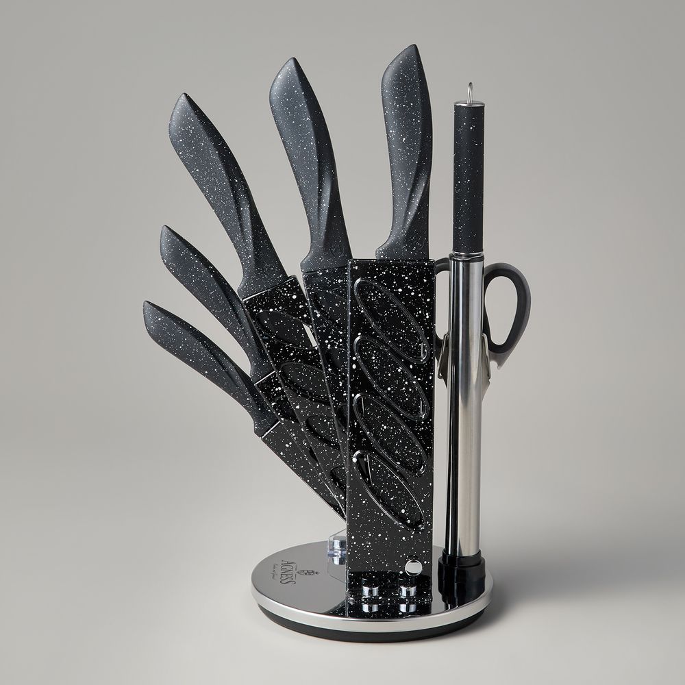 НАБОР НОЖЕЙ AGNESS С НОЖНИЦАМИ И МУСАТОМ НА ПЛАСТИКОВОЙ ПОДСТАВКЕ, 8 ПРЕДМЕТОВ