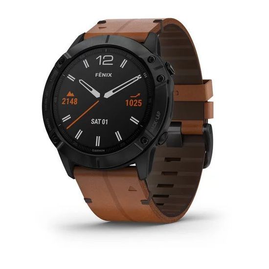 Мультиспортивные часы Garmin Fenix 6X  Sapphire - черный DLC с каштановым кожаным ремешком 010-02157-14