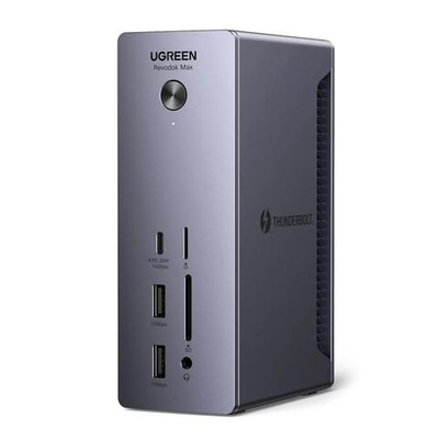 Thunderbolt-Хаб Ugreen Revodok Max Thunderbolt 4 с внешним питанием (U710) Подключение: съёмный кабель Thunderbolt 4 (0,8 м), DC (180 Вт). Порты: 2 Thunderbolt 4, USB-C 3.2 Gen 2 (PD 20 Вт), 2 USB-A 3.2 Gen 2, 2 USB-A 3.2 Gen 1, microSD UHS-II (4.0), SD U