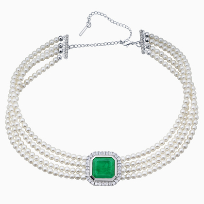 Колье - чокер из серебра с изумрудным кварцем и цирконами