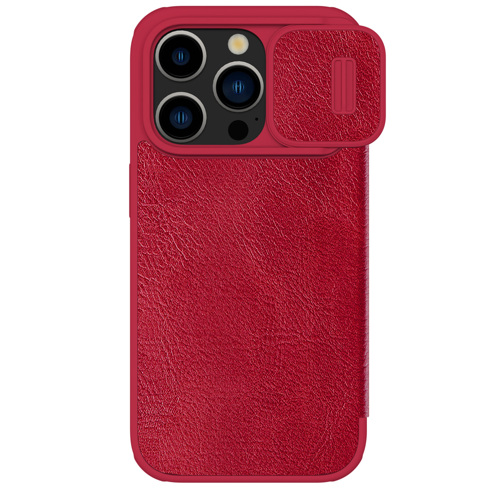 Кожаный чехол книжка красного цвета от Nillkin для iPhone 15 Pro, серия Qin Pro Leather с защитной шторкой для камеры