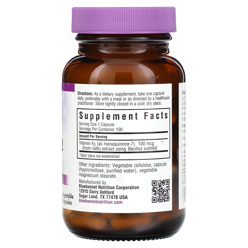 Bluebonnet Nutrition, Витамин K2, 100 мкг, 100 растительных капсул