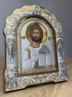 Спаситель, икона арочная с рамкой под стеклом, красное дерево 266х335