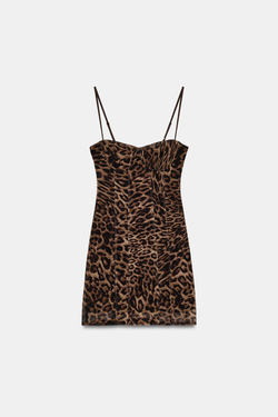 ZARA ПЛАТЬЕ-КОРСЕТ ИЗ ПОЛУПРОЗРАЧНОЙ ТКАНИ С АНИМАЛИСТИЧЕСКИМ ПРИНТОМ, ЛЕОПАРДОВЫЙ/НЕЖНО-КОРИЧНЕВЫЙ