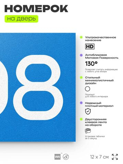 Номер на дверь 308, табличка на дверь для офиса, квартиры, кабинета, аудитории, склада, голубая 120х70 мм, Айдентика Технолоджи