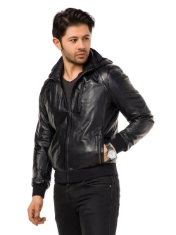 Куртка мужская натуральная кожаная с капюшоном бомбер Турция