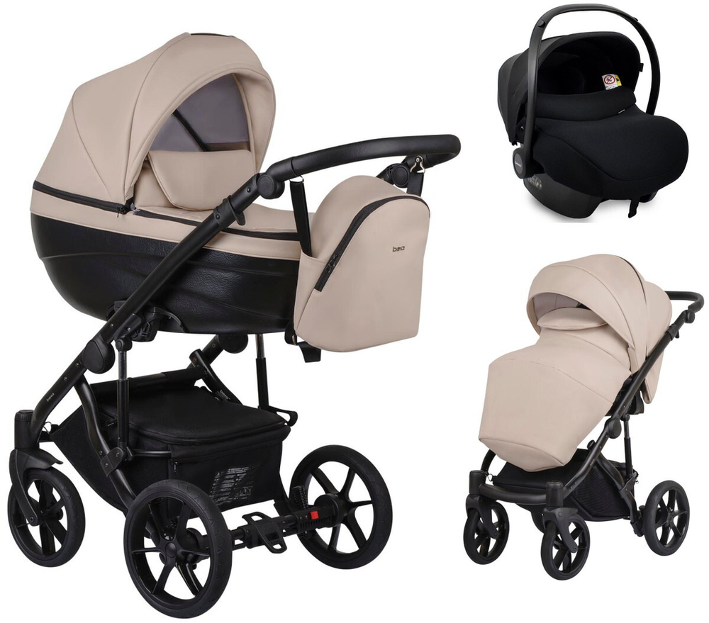 Детская коляска Bexa Ideal Eco 3 в 1 с автокреслом Avionaut Cosmo IE02 черный+св.бежевая кожа