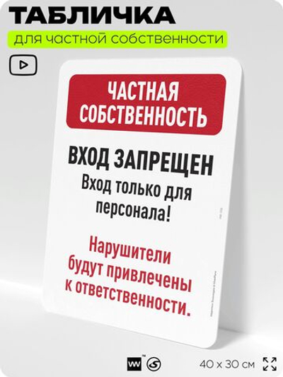 Табличка для частной территории "Частная собственность, только для персонала", на дом, для участка, организаций, предупреждающая, 40х30 см, Silver Plane x Айдентика Технолоджи