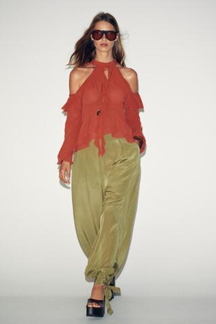 ZARA ТОП ХАЛТЕР С ВОЛАНАМИ, ТЕРРАКОТОВЫЙ