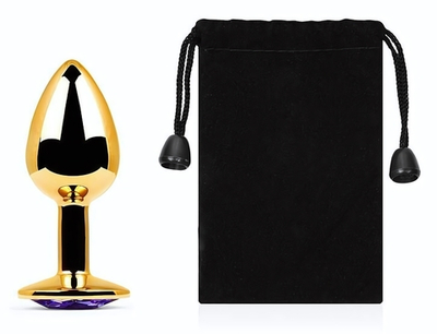 Золотистая анальная пробка с фиолетовым стразом - 7,2 см. (Цвет: фиолетовый)