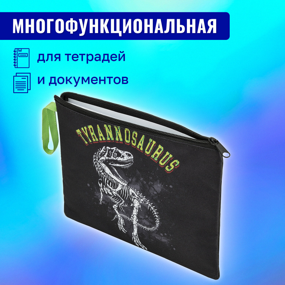 Папка для тетрадей BRAUBERG А5 1 отделение полиэстер на молнии с ручкой "Tyrannosaur" (3 штуки в упаковке)