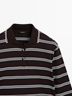 Massimo Dutti Свитер поло из хлопка в полоску, коричневый
