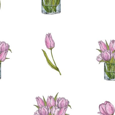 букет розовых тюльпанов в вазе акварелью на белом фоне