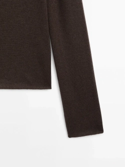 Massimo Dutti Свитер из тонкой шерсти с окантовкой, коричневый