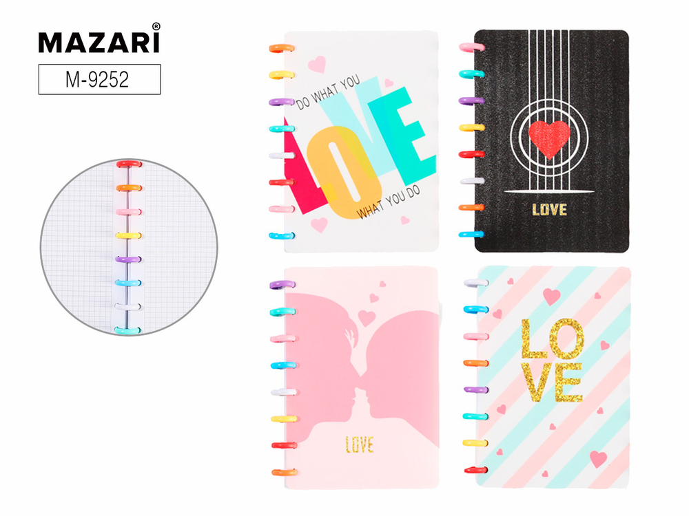 Блокнот А5 пласт.обл., на кольцах 80л "Love" кл., 4 диз.