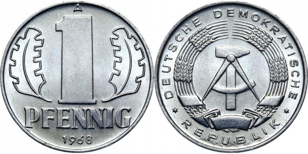 Германия - ГДР 1 пфенниг, 1968 Герб XF