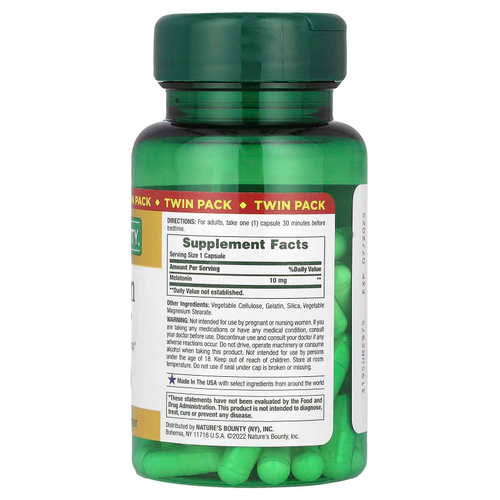 Nature's Bounty, мелатонин, двойная упаковка, 10 мг, 60 капсул в каждой