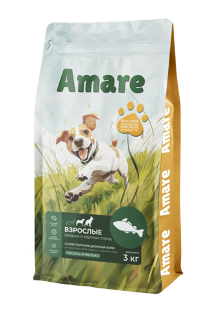 Amare Сухой полнорационный корм для взрослых собак средних и крупных пород лосось и яблоко 3 кг