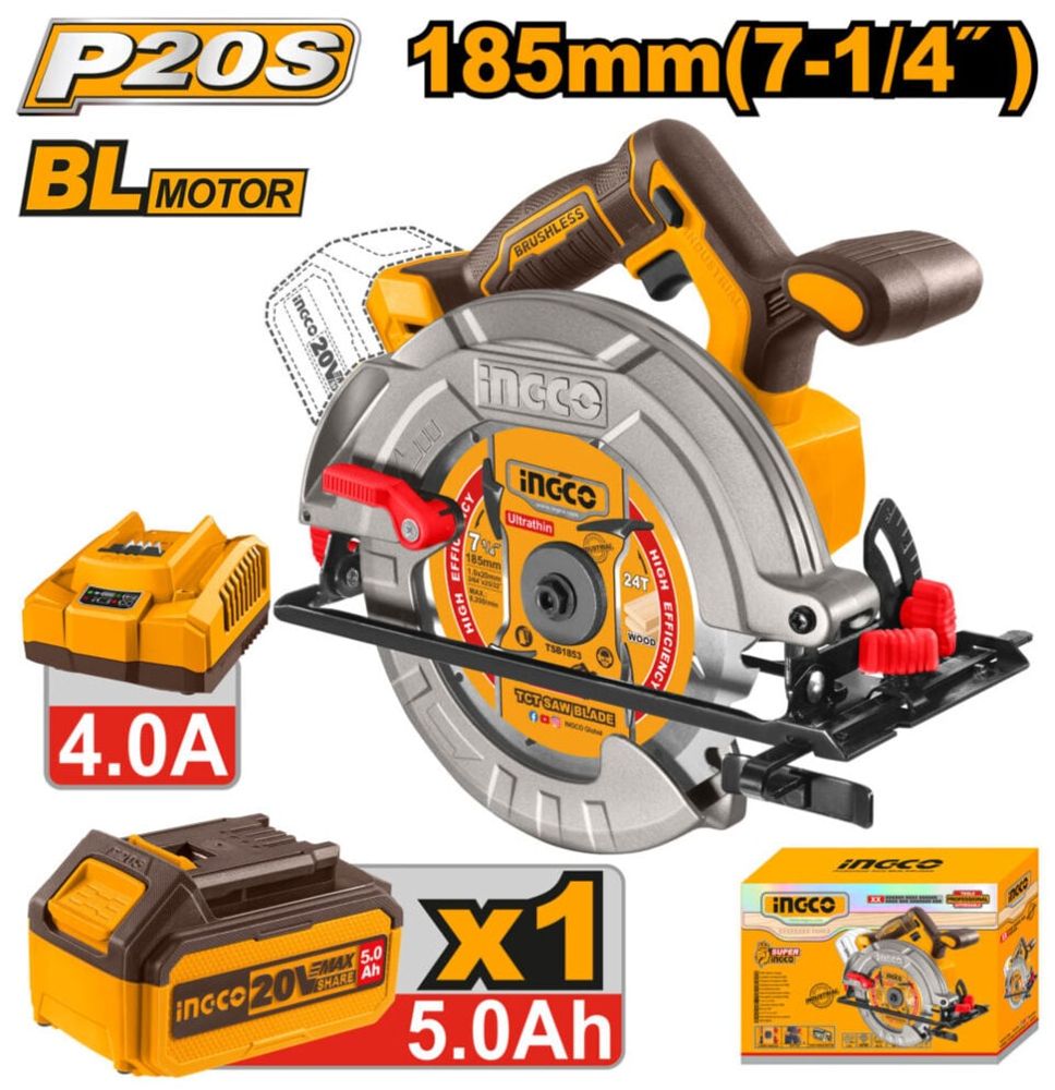 Аккумуляторная циркулярная пила INGCO CSLI18513 INDUSTRIAL 20 В 185 мм 1x5 Ач