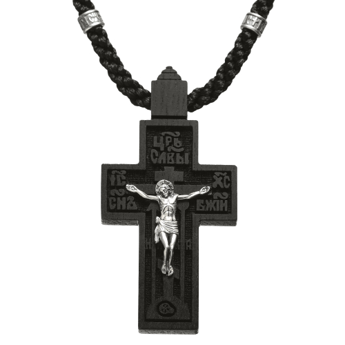 Крест из дерева с серебряным распятием на гайтане