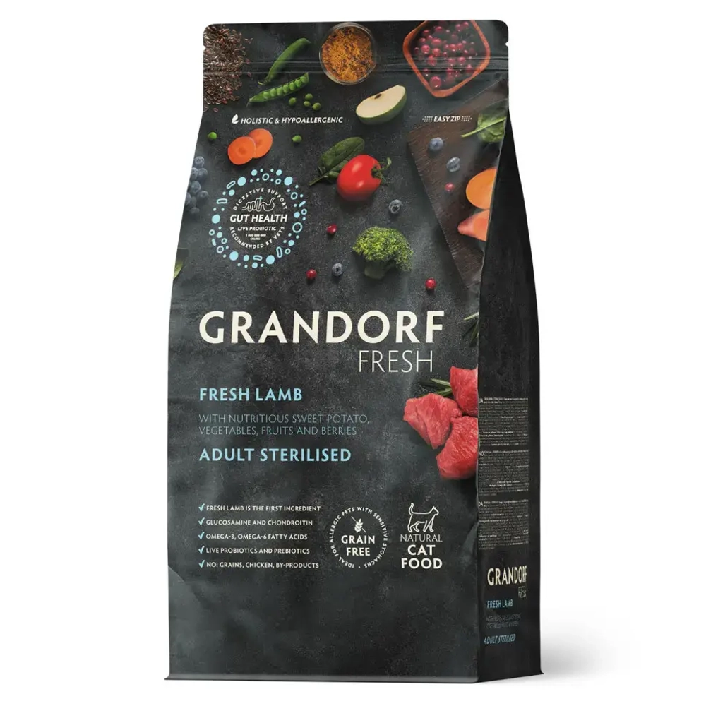 Grandorf fresh cat sterilised lamb&sweet potato сухой беззерновой корм с живыми пробиотиками для взрослых стерилизованных кошек с ягненком и бататом - 400 г