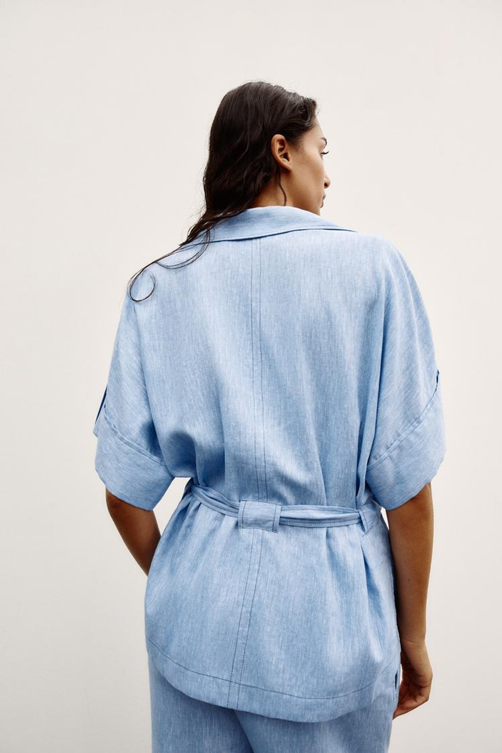 ZARA РУБАШКА САФАРИ ИЗ ЛЬНА, ГОЛУБОЙ