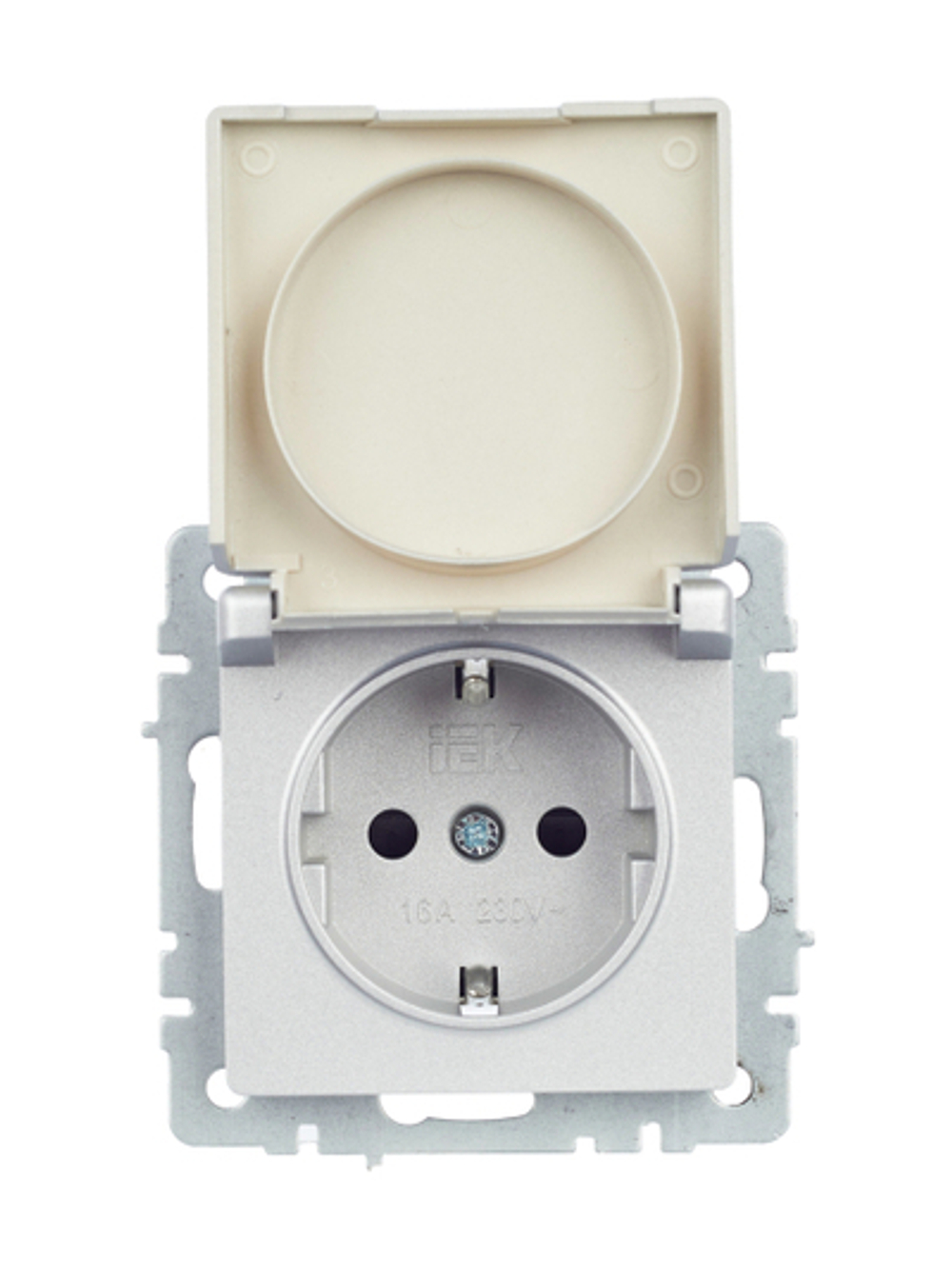 BRITE Розетка 1-местная с заземлением с защитными шторками и крышкой 16А IP44 РСбш10-3-44-БрА алюминий IEK