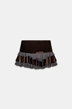 ZARA КОМБИНИРОВАННАЯ МИНИ-ЮБКА С ВОЛАНАМИ, ТЕМНО-КОРИЧНЕВЫЙ