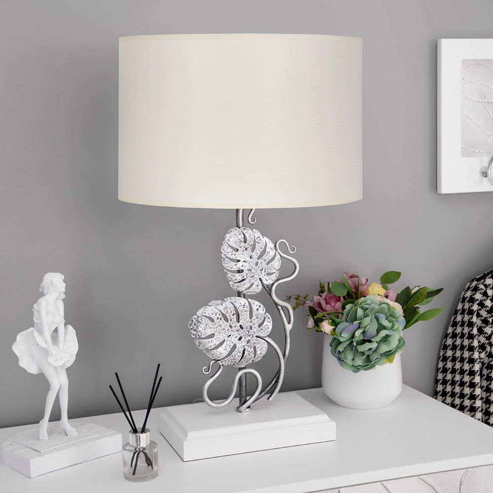 Настольная лампа Monstera Deliciosa (Монстера) Айс Античное серебро с абажуром Vintage Айвори