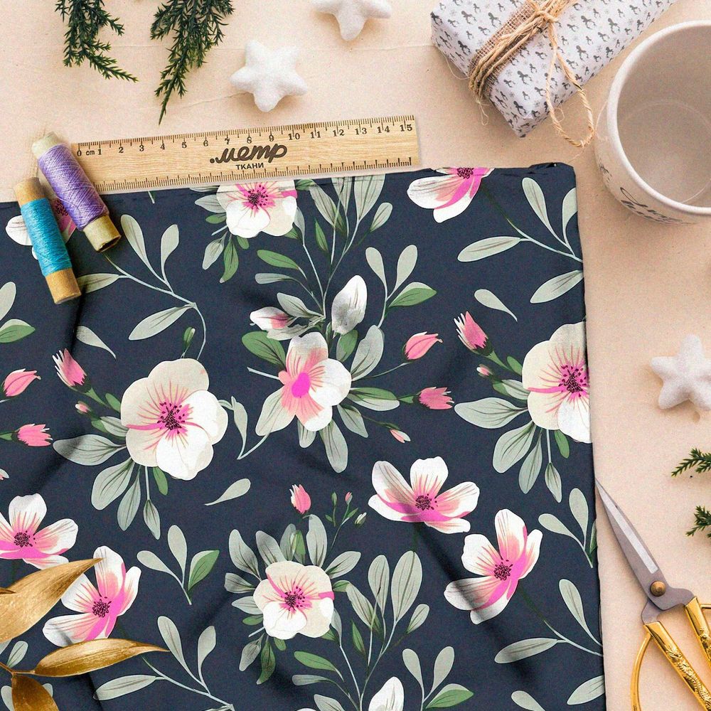 Ткань премиум бифлекс вечерняя цветочная фантазия