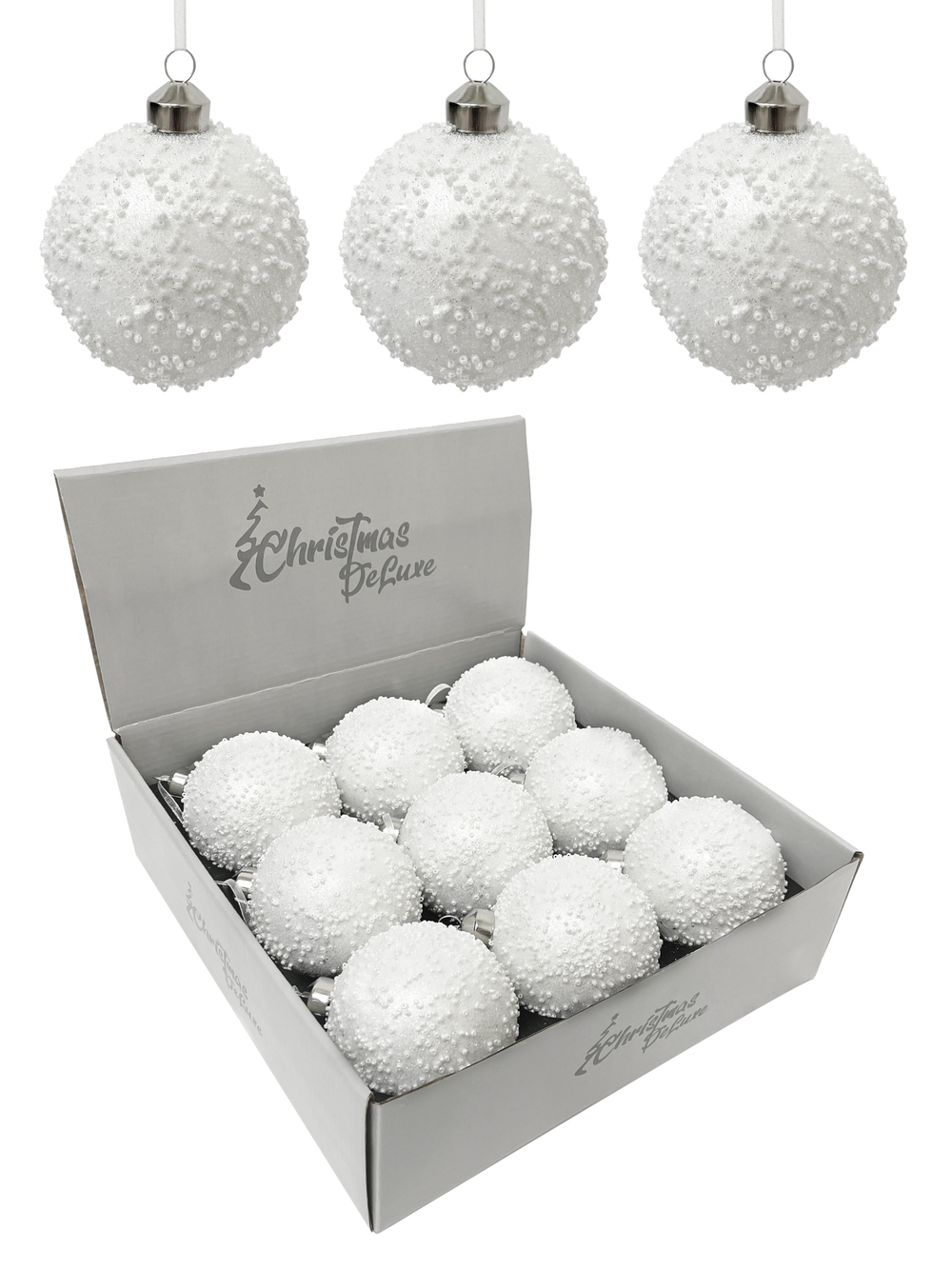 Набор шаров с бисером 8см 9шт ChristmasDeLuxe белый