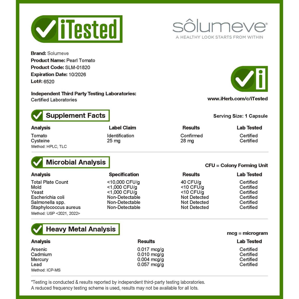 Solumeve, Pearl Tomato, добавка для здоровья кожи, 400 мг, 60 растительных капсул
