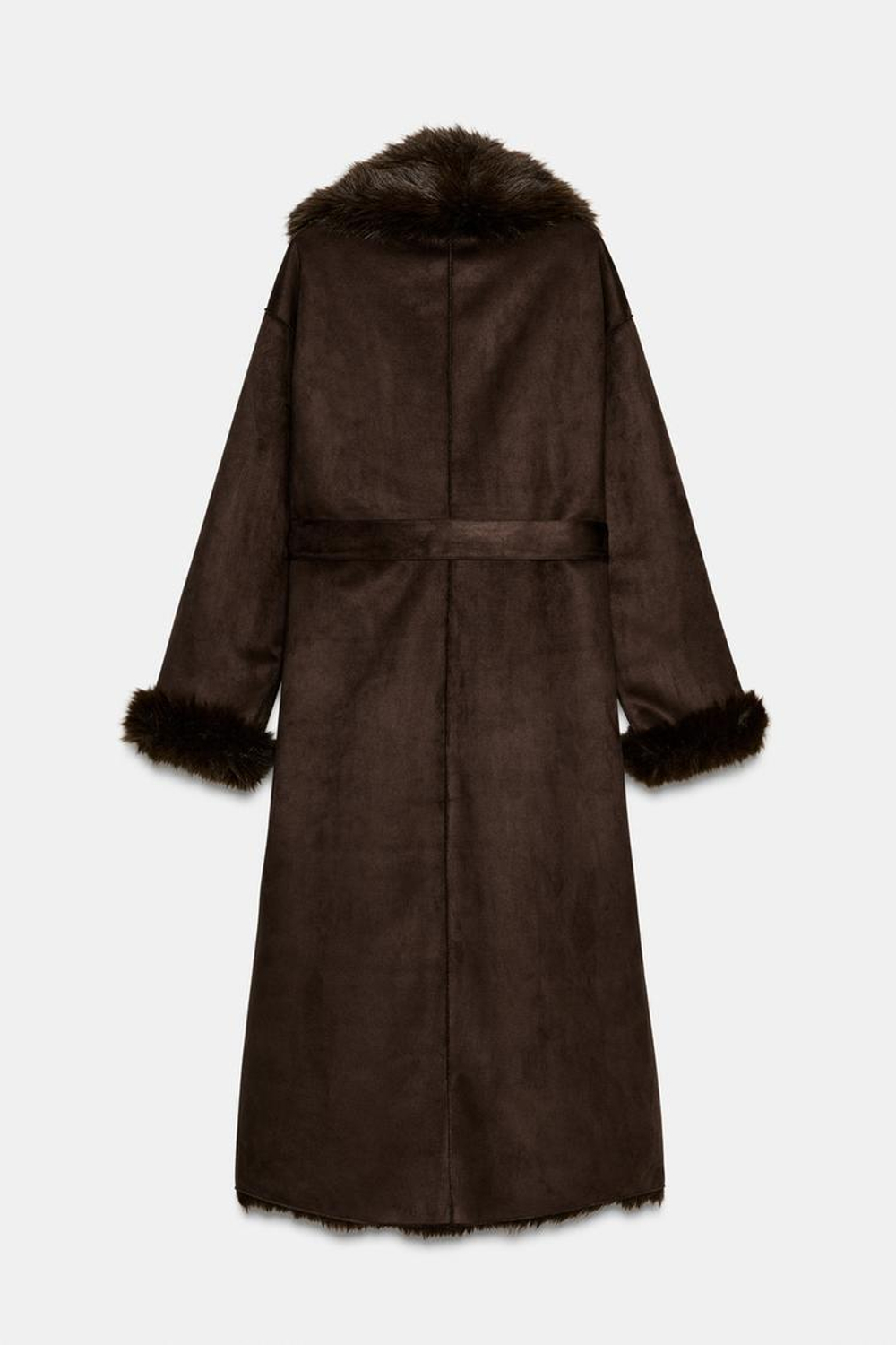ZARA ПАЛЬТО ИЗ ИСКУССТВЕННОГО МЕХА С ПОЯСОМ — ZW COLLECTION, КОРИЧНЕВЫЙ