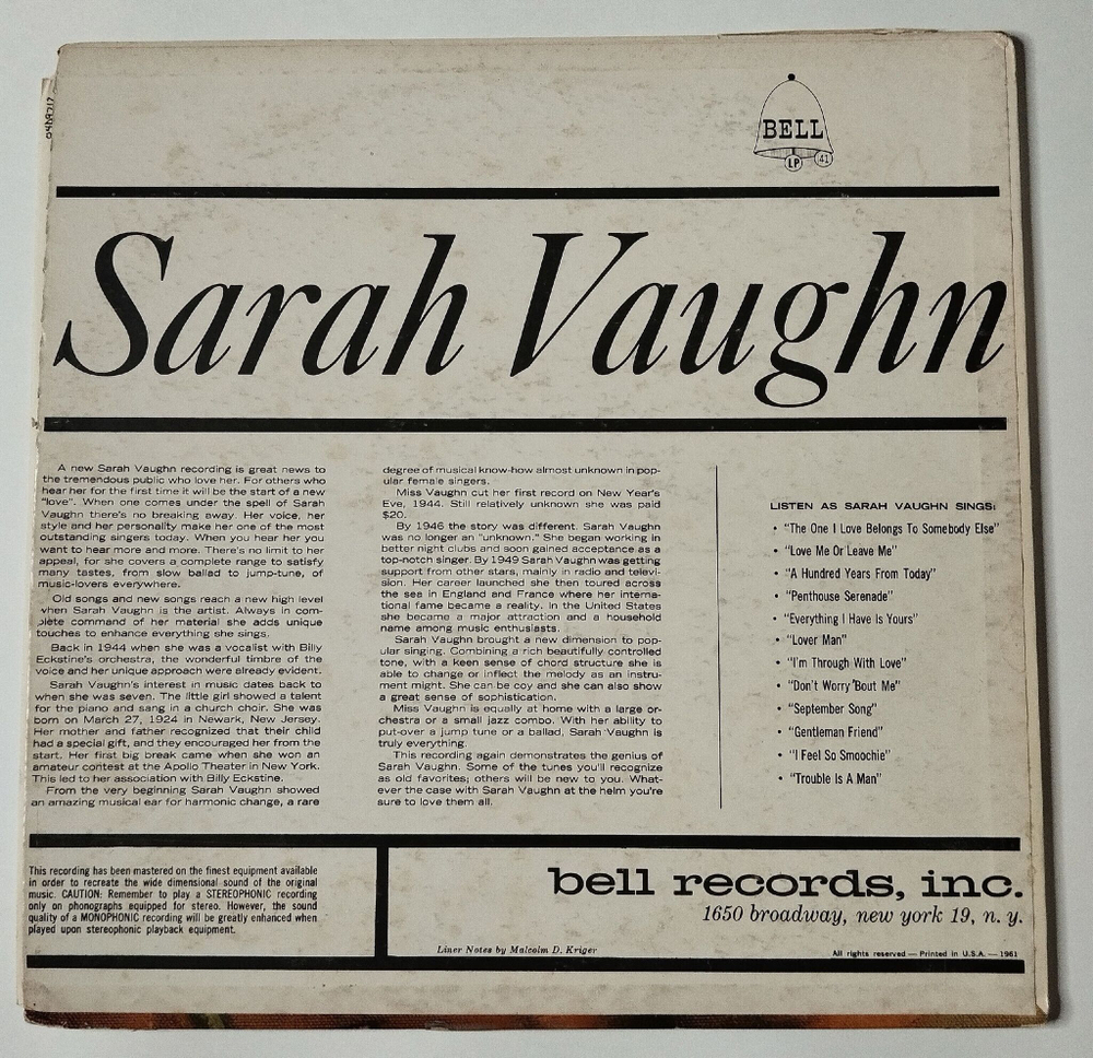 Винтажная виниловая пластинка LP The Voice Of Sarah Vaughan (USA 1961)